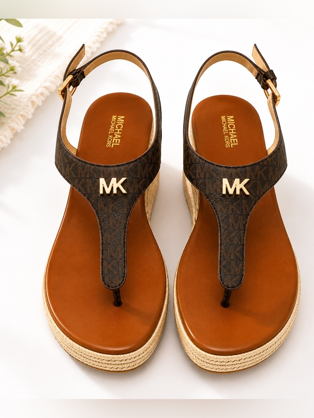 Michael Kors Brown T-Strap Sandals with Braided Detail